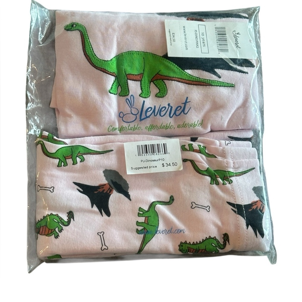 NWT Leveret Girls Pink Dinosaur Pajamas | 2Pc Organic Cotton Set | Long Sleeve - Picture 4 of 6